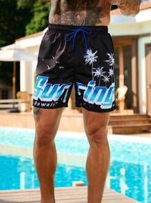 Manfinity Swimmode Men's Coconut Tree & Letter Print Beach Shorts