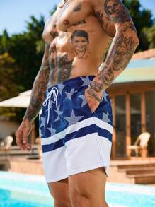 Surfspeed Men's Contrast Striped & Star Print Drawstring Waist Beach Shorts - Blue and White - View 3