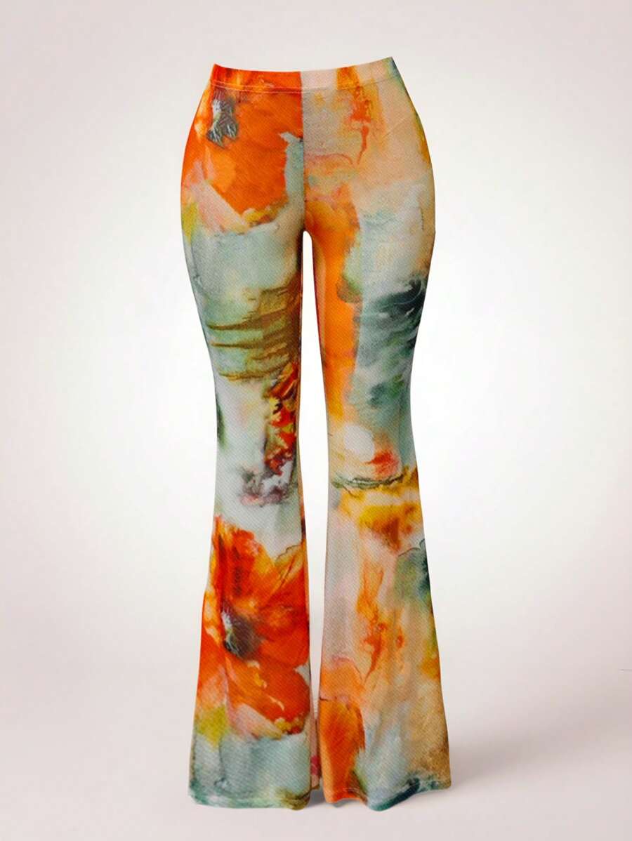 SHEIN SXY Sexy Sheer Full Body Oil Painting Print Wide Leg Flared Pants, Versatile Bottom Wear, Beach Cover-Up, Suitable For Island Vacation/Holiday Outings, Spring/Summer - Multicolor - View 1
