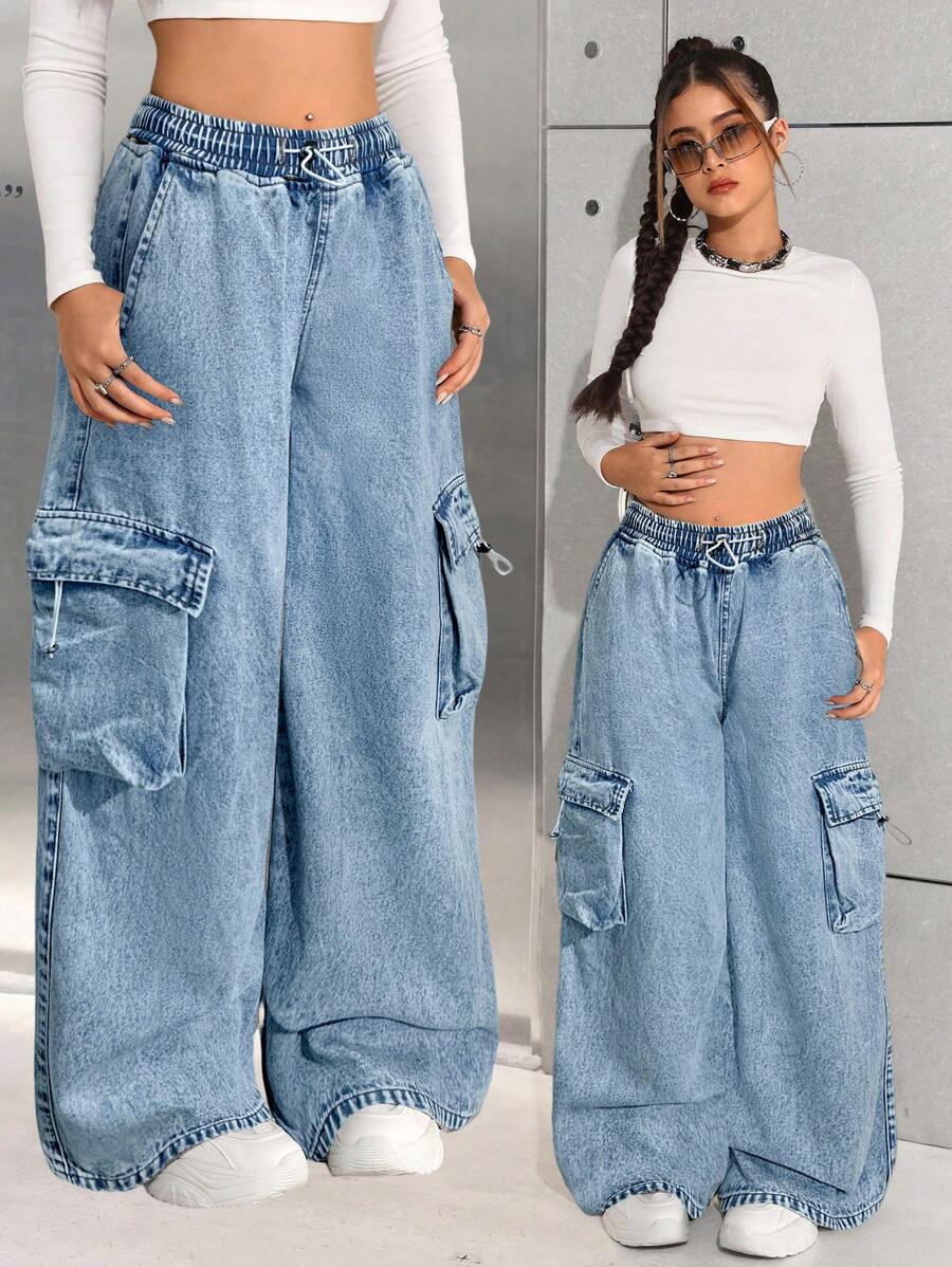 SHEIN Nastolatki Dziewczęta Y2K Wiosna Lato Vintage Jednolity Lekki Prany Ściągacz w Pasie Szerokie Nogawki Cargo Baggy Bawełniane Miękkie Spodnie Cargo Jeans, Dziewczęce Letnie Ubrania Powrót Do Szkoły Streetwear Stroje, Plaża Boho Koncert Spodnie Baggy Stroje Rave Festiwal, Strój Ukończenia Szkoły