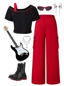 SHEIN Explorewe Tween Girls Open Shoulder Seam Detail Top And Cargo Pants 2 Pieces Set - Multicolor - View 2