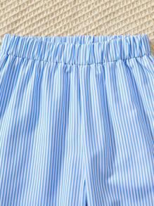 SHEIN 2pcs/Set Little Girls Bow Embellished Round Neck Ruffle Sleeve Tee And Striped Pants Set - Multicolor - View 6