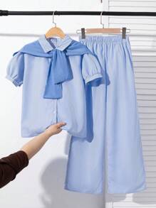 Conjunto de 3 piezas para adolescentes/chicas adolescentes: camisa de manga corta azul a rayas holgada y casual, capa azul decorativa, pantalón cargo holgado y tejido de pierna ancha, adecuado para el verano