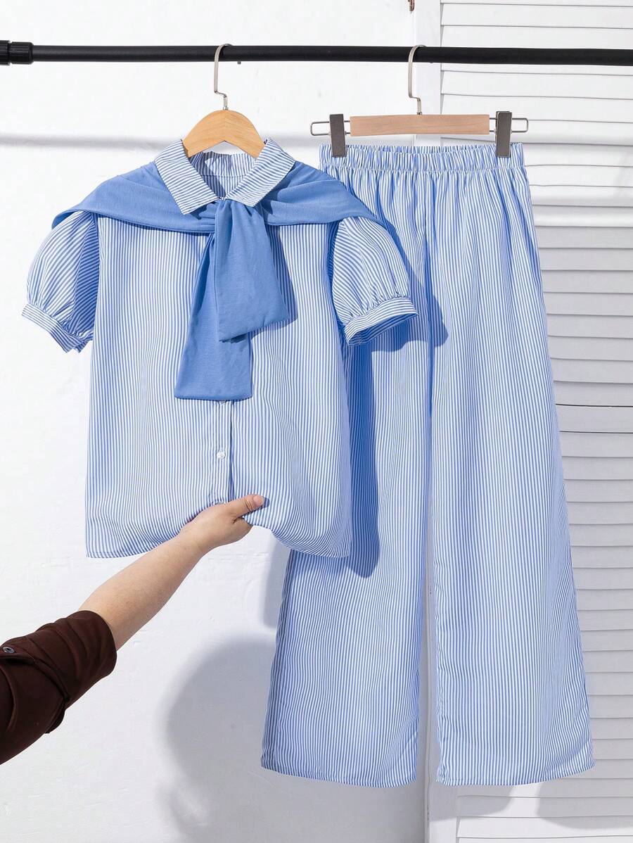 Conjunto de 3 piezas para adolescentes/chicas adolescentes: camisa de manga corta azul a rayas holgada y casual, capa azul decorativa, pantalón cargo holgado y tejido de pierna ancha, adecuado para el verano