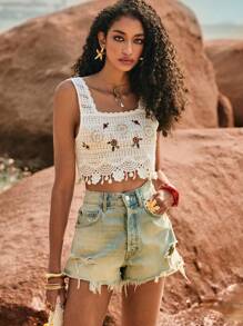 Poéselle Hollow Out Embroidered Beaded Crochet Sleeveless Knit Top, Spring/Summer - White - View 6