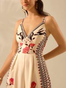 CAJUNI 女式波西米亚风热带花卉印花无袖宽松裤腿假日休闲夏季海滩杏色连体裤 - 彩色 - 查看 5