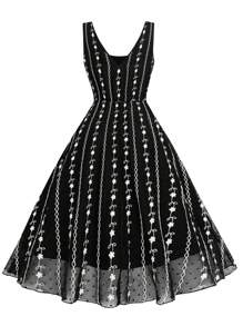 SHEIN Clasi 大码女式花卉印花 V 领无袖优雅连衣裙 - 黑色 - 查看 2