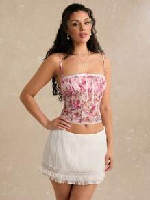 Enchnt 女士花卉印花蕾丝边修身吊带背心，适合度假 - 粉色 - 查看 4