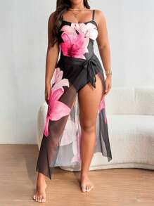 SHEIN Swim Curve Conjunto de traje de baño de una pieza estampado talla grande + falda tipo cover-up para el verano