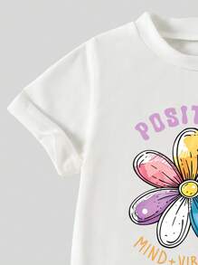 SHEIN Young Girl Floral & Letter Print Short Sleeve T-Shirt And Cargo Pants Set