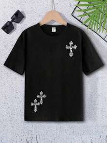 SHEIN Coolqubz 青少年男孩1入組時尚十字印花基礎款圓領短袖t恤 - 黑色 - 查看 1