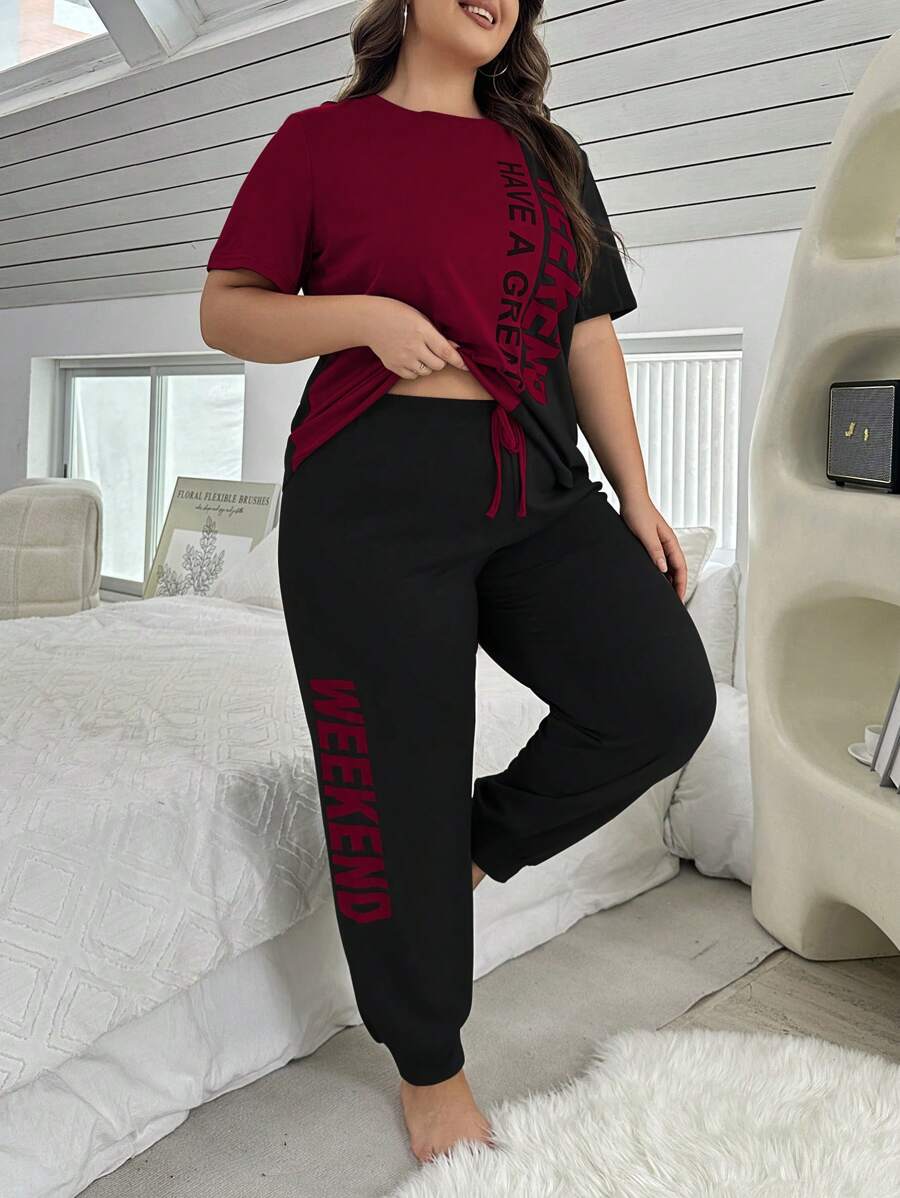 Color Block Letter Print Plus Size Women Short Sleeve T-Shirt And Pants Pajama Set, Outfits - Burgundy - View 1