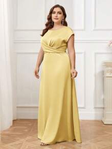 SHEIN Belle 大码优雅落肩交叉腰线系蝴蝶结伴娘礼服 - 黃色 - 查看 1
