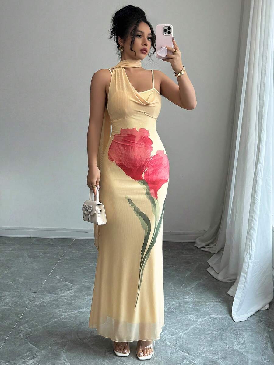 Selianne Vestido sin mangas con estampado floral y parches de malla, incluye bufanda - Amarillo - Ver 1