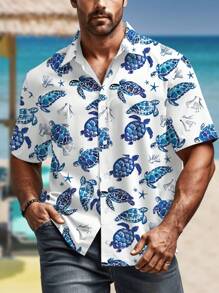 Manfinity RSRT Camisa informal de manga corta de una sola de botones con estampado de tortuga para hombres de talla grande