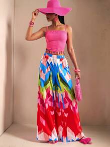 Slaydiva Pantalones de estilo bohemio con estampado para mujer, adecuados para festivales de música, Pascua, Nashville, fiestas de cumpleaños, graduación, estudiantes, uso casual, diario, vacaciones, crucero, playa, tomar el sol, con contraste de colores, para primavera/verano
