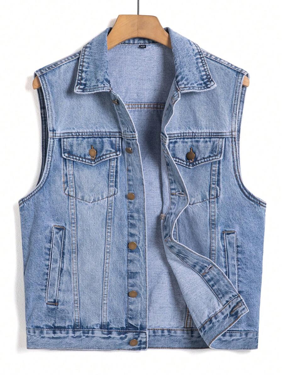 Manfinity Homme Men's Casual Washed Denim Vest Jacket - Light Wash - View 1