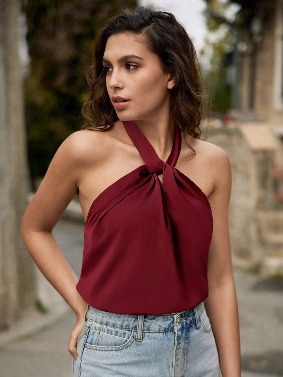 SHEIN Frenchy 纯色扭结露背吊带上衣,适合夏季度假 - 酒紅色 - 查看 1