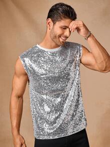 Manfinity VCAY Camiseta sin mangas holgada de punto con lentejuelas para hombre, uso diario de moda