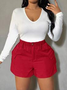 SHEIN SXY Plus Size Summer Casual Solid Color Cargo Shorts Red - Red - View 3