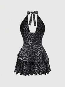 ROMWE Kawaii Vestido corto con estampado de leopardo, decoración de tirantes cruzados, estilo sexy Gyaru de Shibuya Y2K para mujer