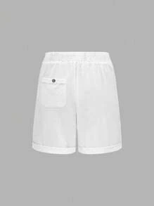 Linhara Plus Size Women's Washed Cotton Cinched Waist Sleeveless Backpack Pocket Button Decor Cropped Top - White - View 2