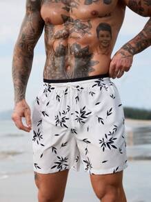 Surfspeed Men's Botanical Print Drawstring Waist Beach Shorts - Black and White - View 6