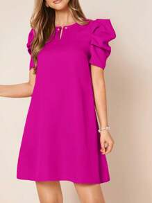 SHEIN Tween Girls Woven Solid Color Round Neck Gigot Sleeve Fitted Dress - Hot Pink - View 5