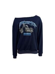 SHEIN EZwear 女士休闲露肩运动衫，简约时尚，适合日常穿着，秋季套头衫 - 藍色 - 查看 3