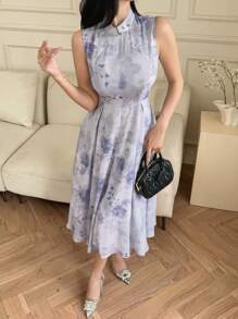 DAZY Đầm không tay thắt eo in hoa thanh lịch dành cho nữ, đầm dạ hội mùa hè, đầm mùa lễ Phục sinh. - Màu tím - Xem 4