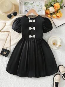 Vestido de bloque de color negro y blanco con decoración en 3D en forma de lazo elegante y minimalista para niña preadolescente, adecuado para salidas, escuela y fiestas - Negro - Ver 4