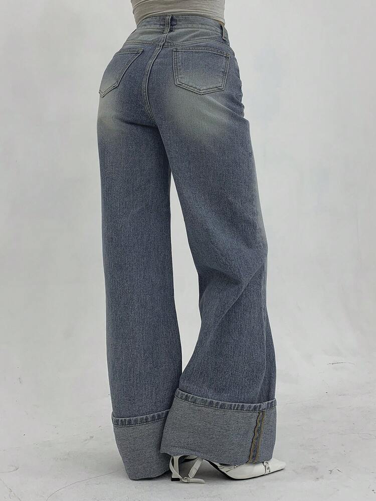 Women's Casual Loose Fit Flared Cuff Pocket Jeans