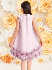 SHEIN Tween 女童宽松优雅立领无袖蝴蝶结花朵拼布荷叶边 A 字裙 - 粉色 - 查看 2