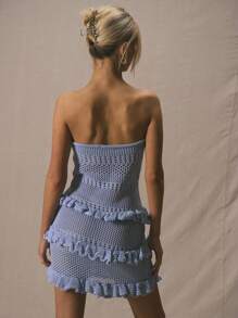 MUSERA Bandeau Tie Front Crochet Knit Tiered Ruffle Trim Strapless Mini Dress For Spring Summer Cute Vacation 90's Y2k Beach - Blue - View 3