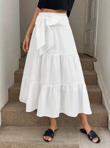 SHEIN LUNE Jupe plissée à taille haute avec nœud, ourlet multicouche en forme de A. Jupe élégante de vacances en tissu texturé pour femmes. Jupe bohème à volants pour femmes, festival rave occidental - Blanc - Voir 7