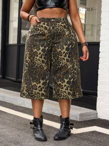 Plus Size Women Non-Stretch Leopard Print Capri Jeans Western Cowboy Style Summer Bermuda Shorts - Brown - View 6