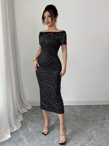 Elenzga 女士优雅迷人性感黑色连衣裙，带银箔和蕾丝镶片，露肩短袖，紧身中长款剪裁，后开衩，适合春夏季 - 黑色 - 查看 6