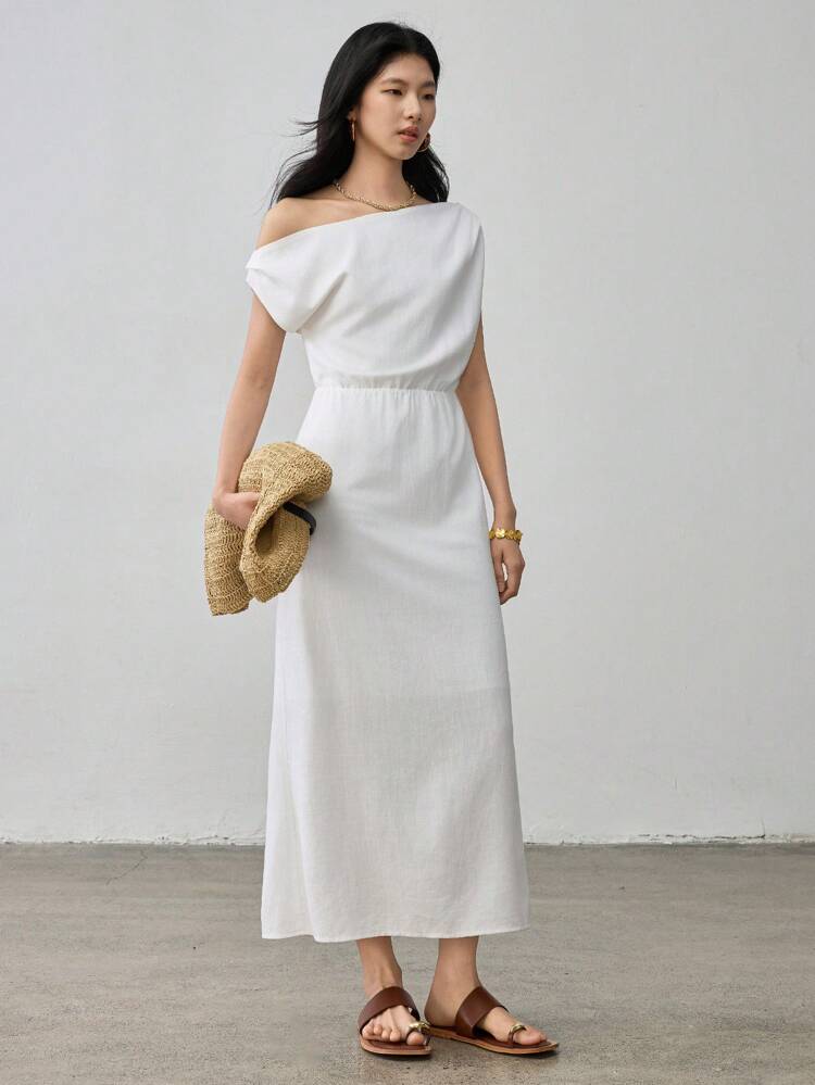 Women's Business Casual Oblique Collar Minimalist High-End Midi Dress Summer Old Money Style Elegant Linen,Dress For Wedding
