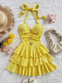 Soleia Gaun Liburan Pantai Musim Panas Berwarna Kuning yang Lucu, Gaun Tamu Pernikahan Gaya Bohemian Barat Warna Krem, Gaun Halter Berlapis Ruffle Tropis Elegan untuk Wisuda & Brunch - Kuning - View 7