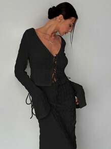 Aloruh Women's Autumn/Winter New Arrival Sexy Fashionable Front Tie Top And Low-Waisted Ruched Texture Long Skirt 2 Pieces Set