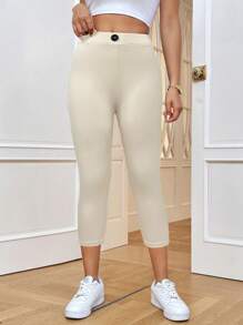 SHEIN Essnce Women's Casual Versatile Skinny Capri Pants With Back Pockets - Apricot - View 6