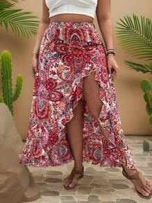 Travachic 大尺碼假期復古花卉印花彈性腰高開叉裙