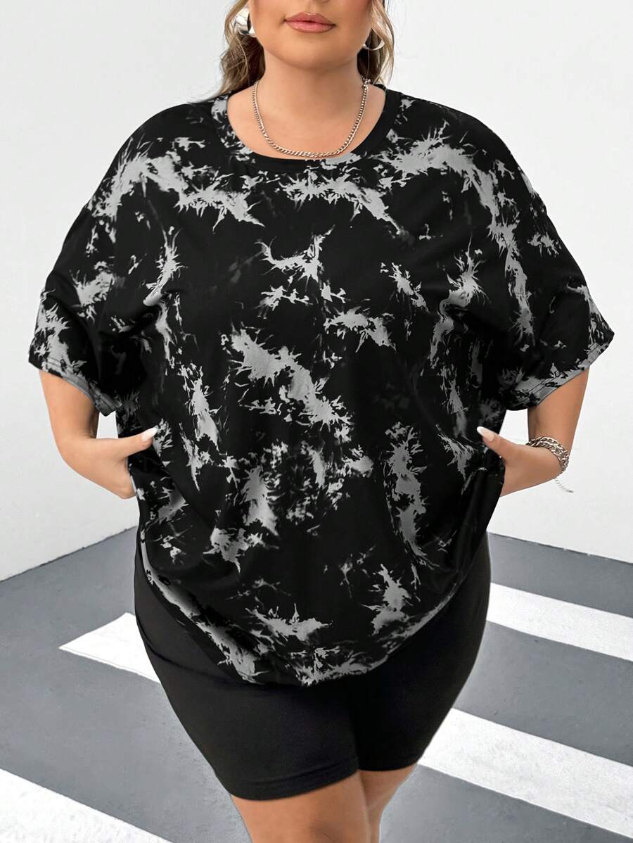 SHEIN CURVE+ 大码灰色扎染落肩短袖 T 恤（随机扎染）