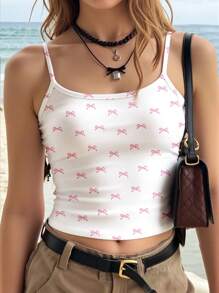 SHEIN Leap Crew Teen Girl Cute Sweet Pink Bow Print, Casual Minimalist Camisole Tank Top, Summer Shirt For Vacation, Travel, Daily - White - View 1
