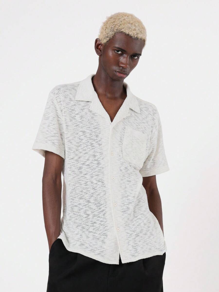 SUMWON 轻质针织夏季度假沙滩衬衫度假装纽扣式休闲短袖透视上衣 - 杏色 - 查看 1