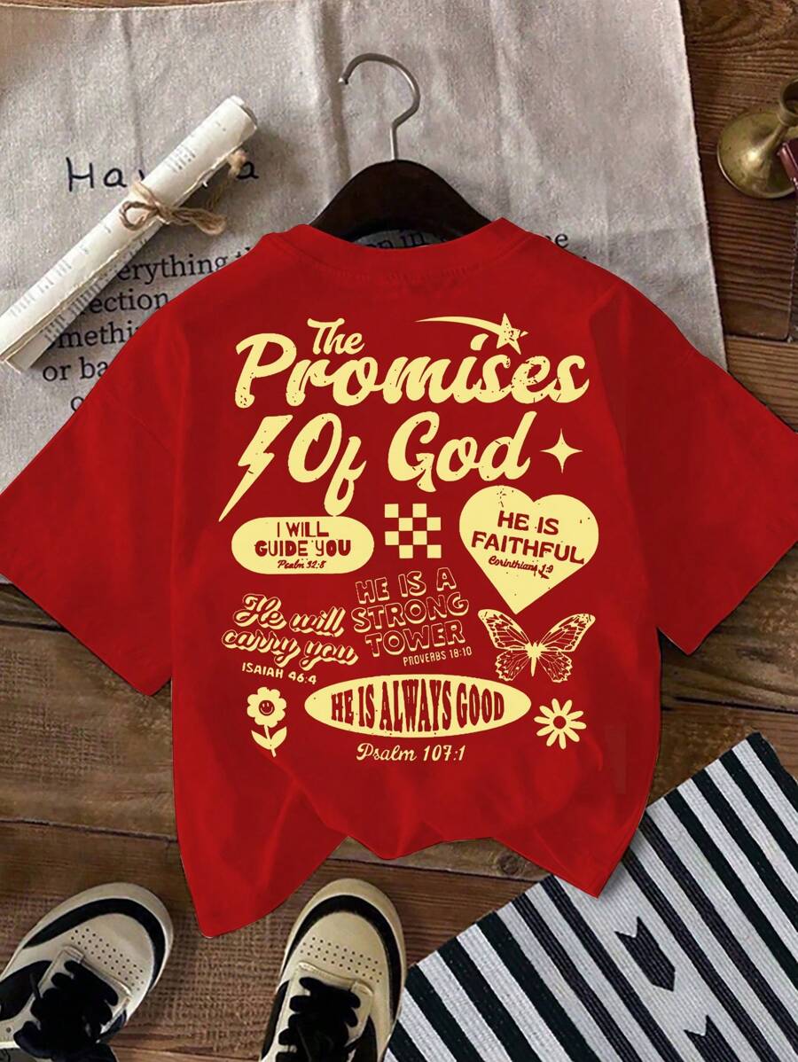 INAWLY 女式街头休闲口号图案印花圆领 T 恤，春夏 - 紅色 - 查看 1