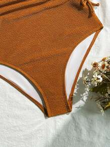 Teen Girls' One-Piece Textured Ruched Swimsuit - Brown - View 4