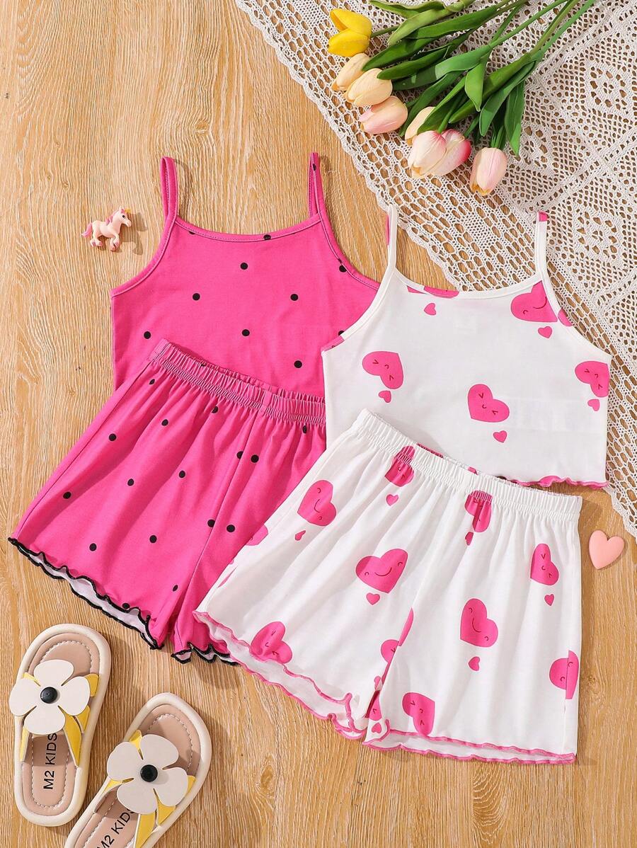 SHEIN 4pcs Young Girl Cute Pattern Camisole And Shorts Knitted Summer Homewear Set - Hot Pink - View 1