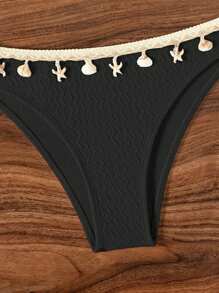 Swim Mod Women's Summer Holiday Beach White Floral Shell Pattern Fashion Spaghetti Strap Bikini - Black - View 4