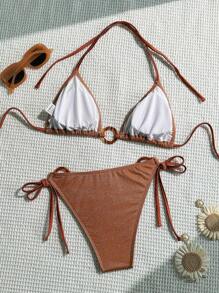 Zolique Springbreak 女士性感特殊面料肩带和环比基尼套装，夏季海滩节波西米亚风服装 - 鏽棕色 - 查看 2